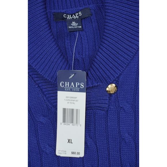 NWT Chaps Men’s Cable Knit Shawl Collar Sweater XL Royal Blue 100% Cotton - Picture 3 of 6